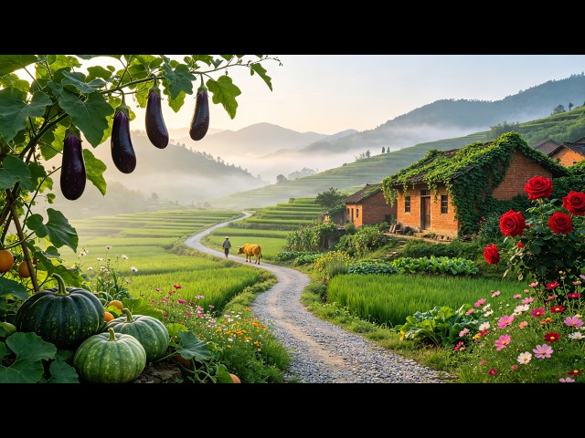 Morning Rural Walk In Chinese Countryside, Misty Massive Rice Fields & Fully Ripe Vegetables